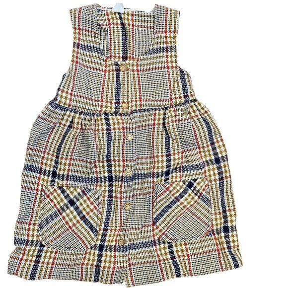 Vintage 70s 2T 3T Plaid Pinafore Dress Long Maxi Button Up Tan Navy Red‎ Gold - Picture 1 of 10